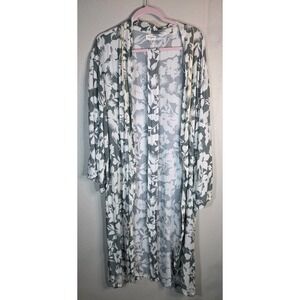 World Market Floral Rayon Robe Duster Sage Gray Boho Lounge Open Front Free Size
